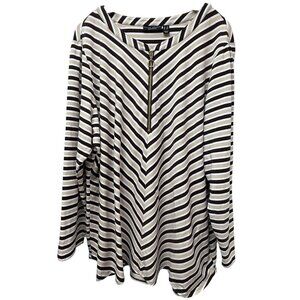 Susan Graver Womens Top Plus Size 3X Brown Stripe 1/2 Zip Tunic Tee Long Sleeve